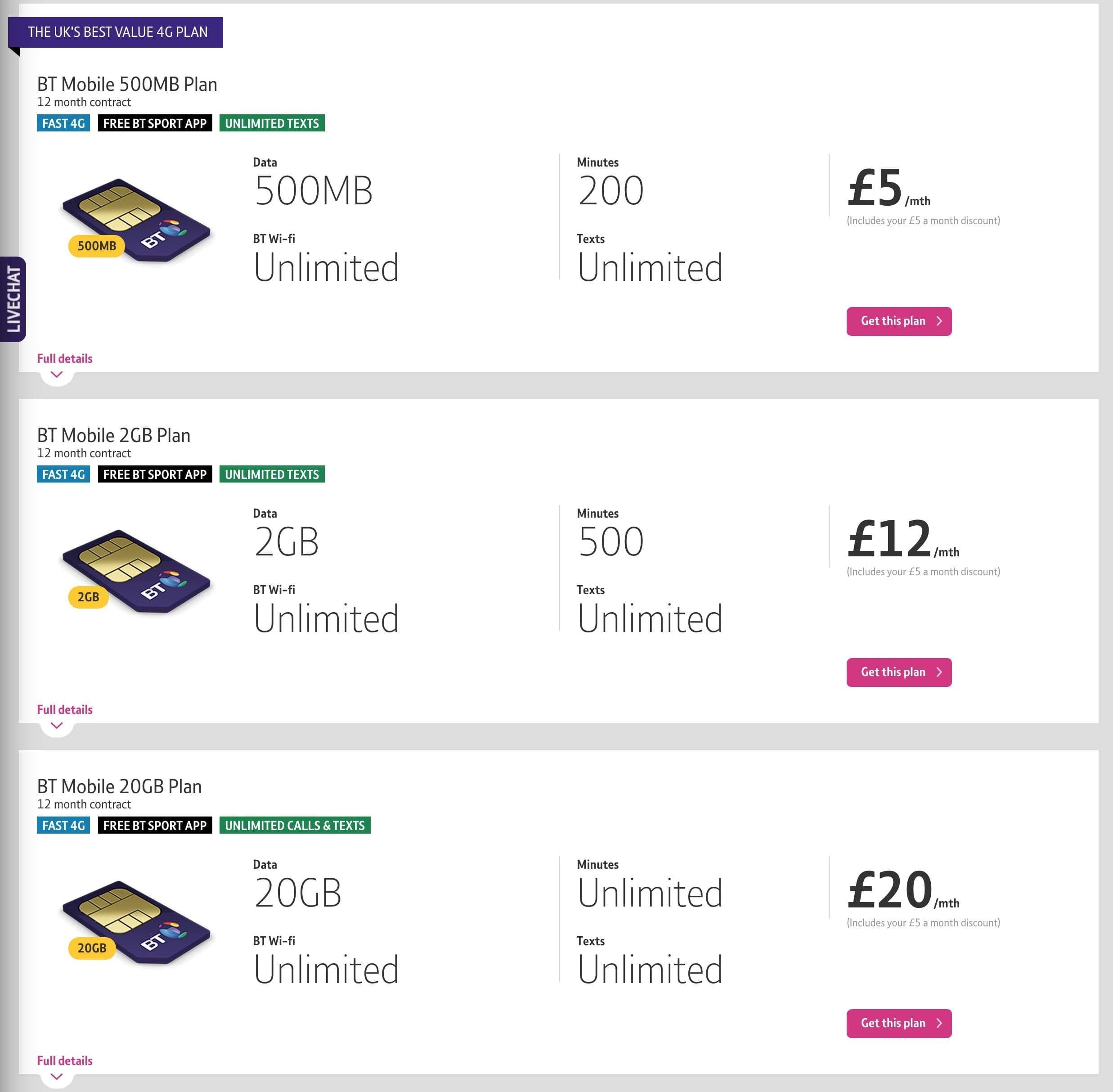 The three plans (discounted for BT broadband customers)