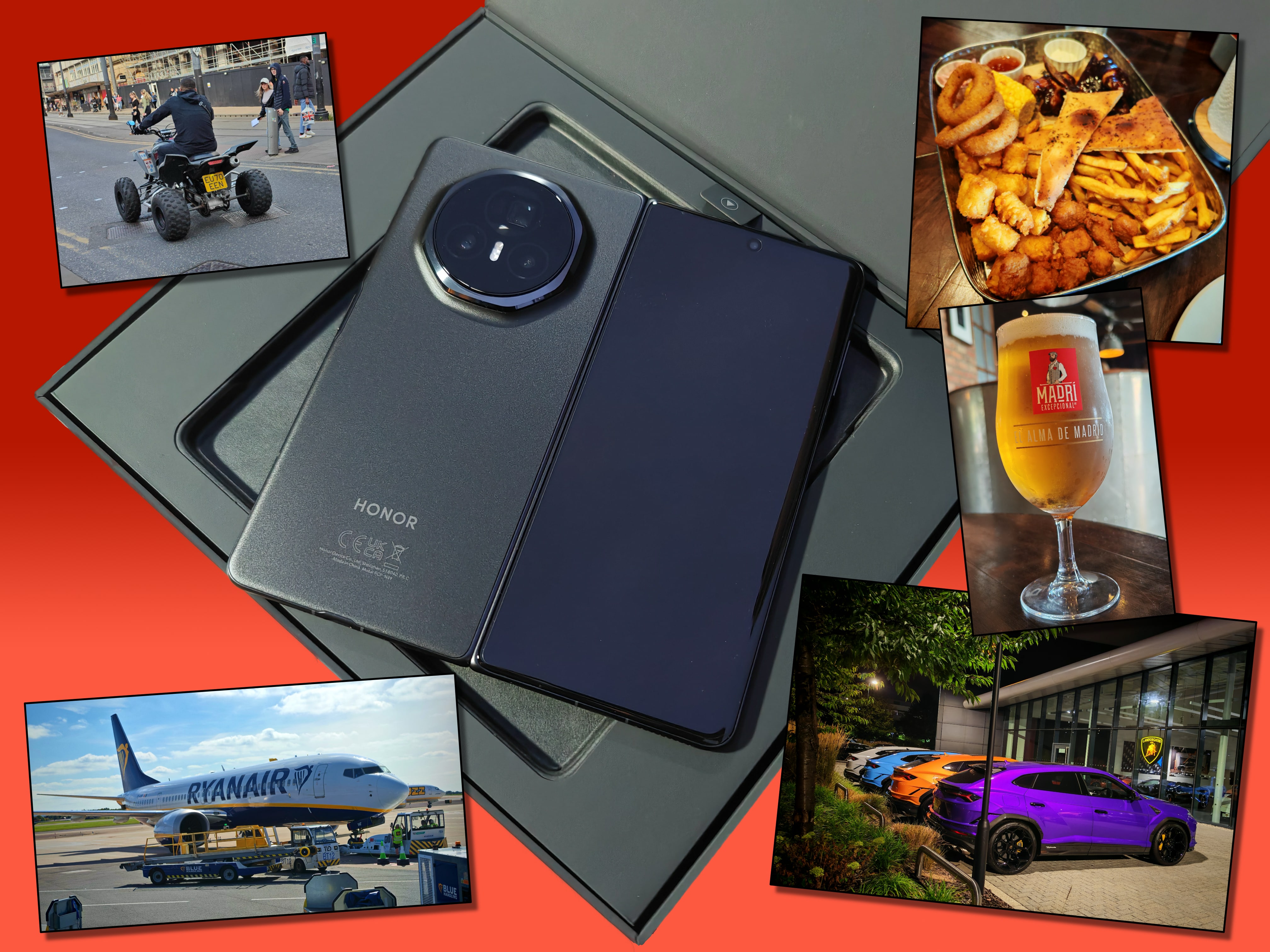 Honor Magic V3 with various photos taken on device.